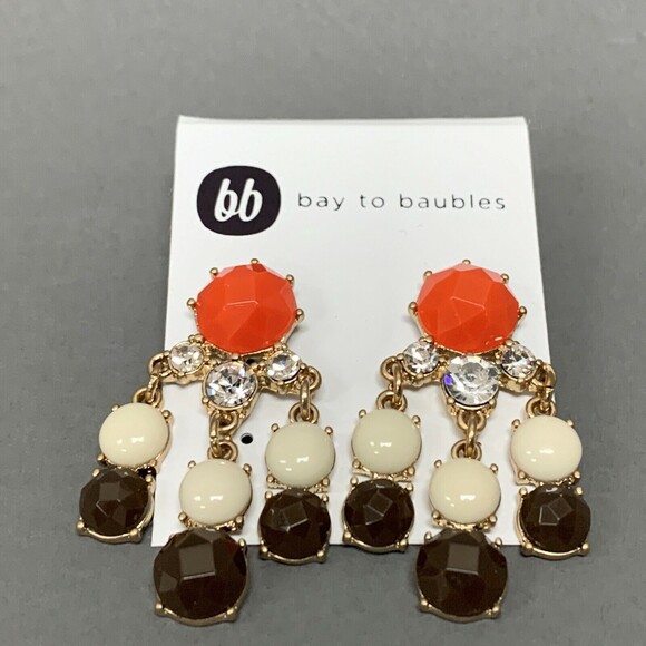 Bay to Baubles Women's Dangling Earrings Orange Ivory Brown Gold-tone NWOT - Picture 2 of 3